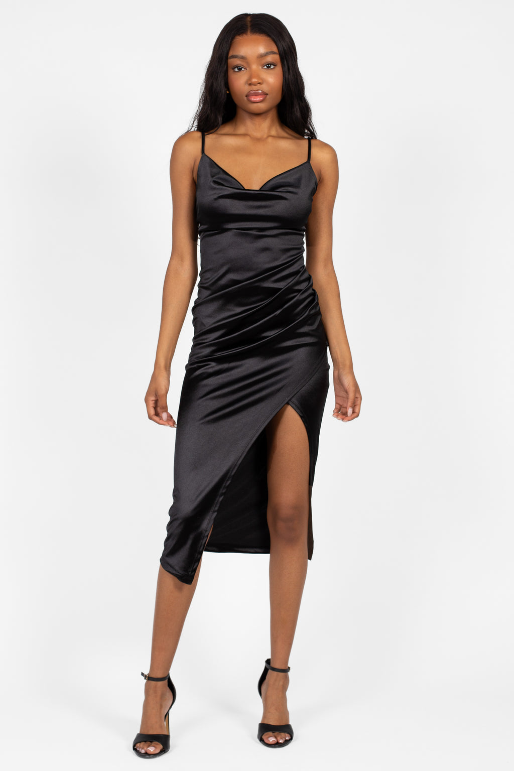 Amaya Side Slit Satin Midi Dress – honey
