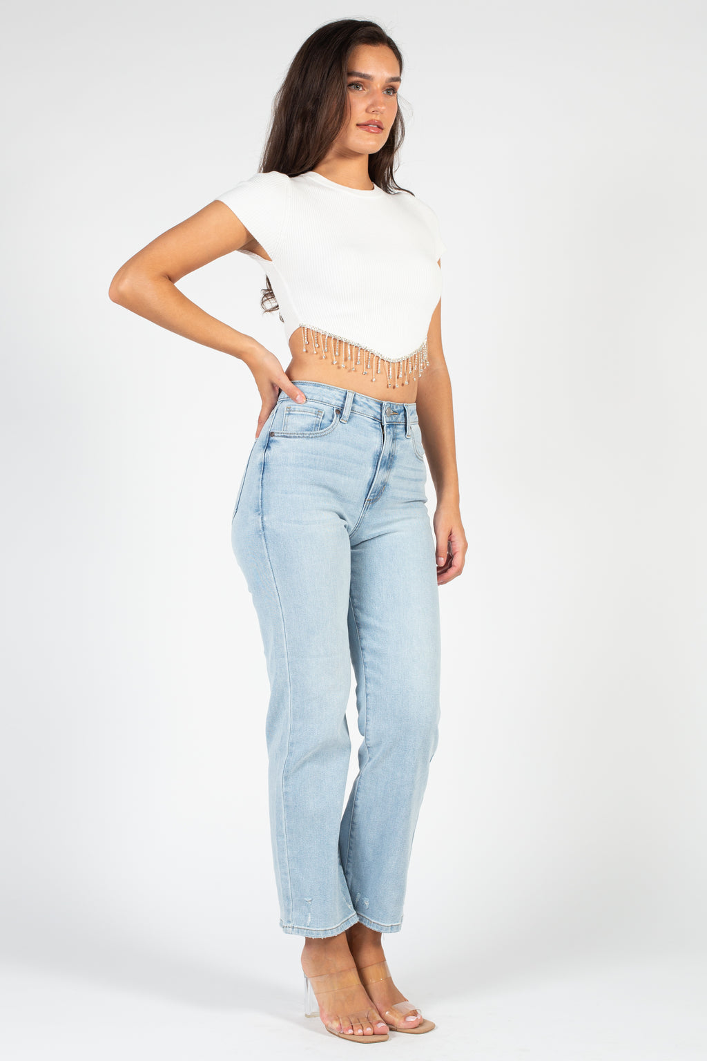 Alessia Rhinestone Fringe Crop Top – honey