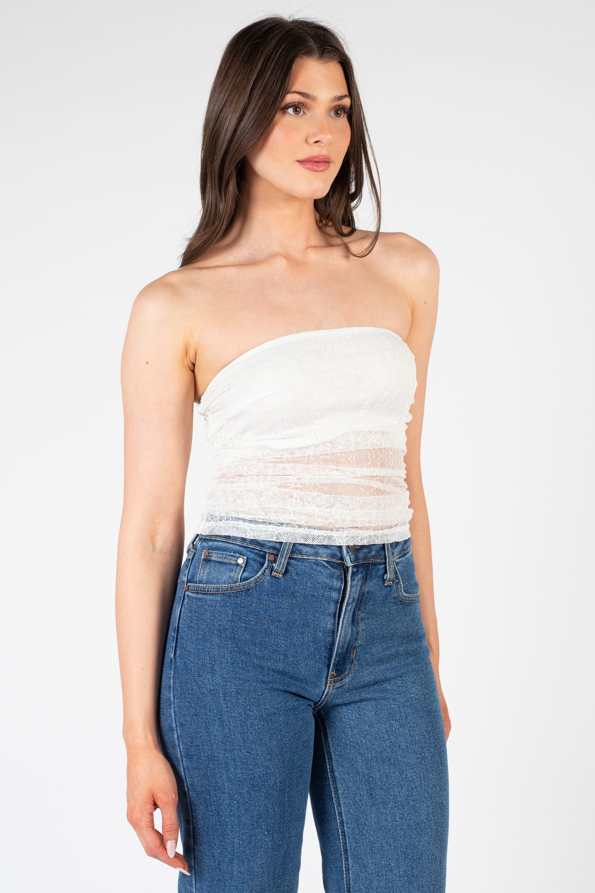 Madeline Ruched Lace Crop Blouse - honey