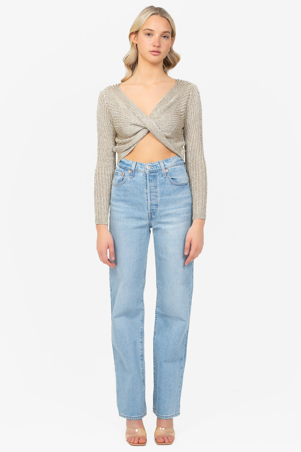 Taylor Twist Front Metallic Knit Sweater – honey