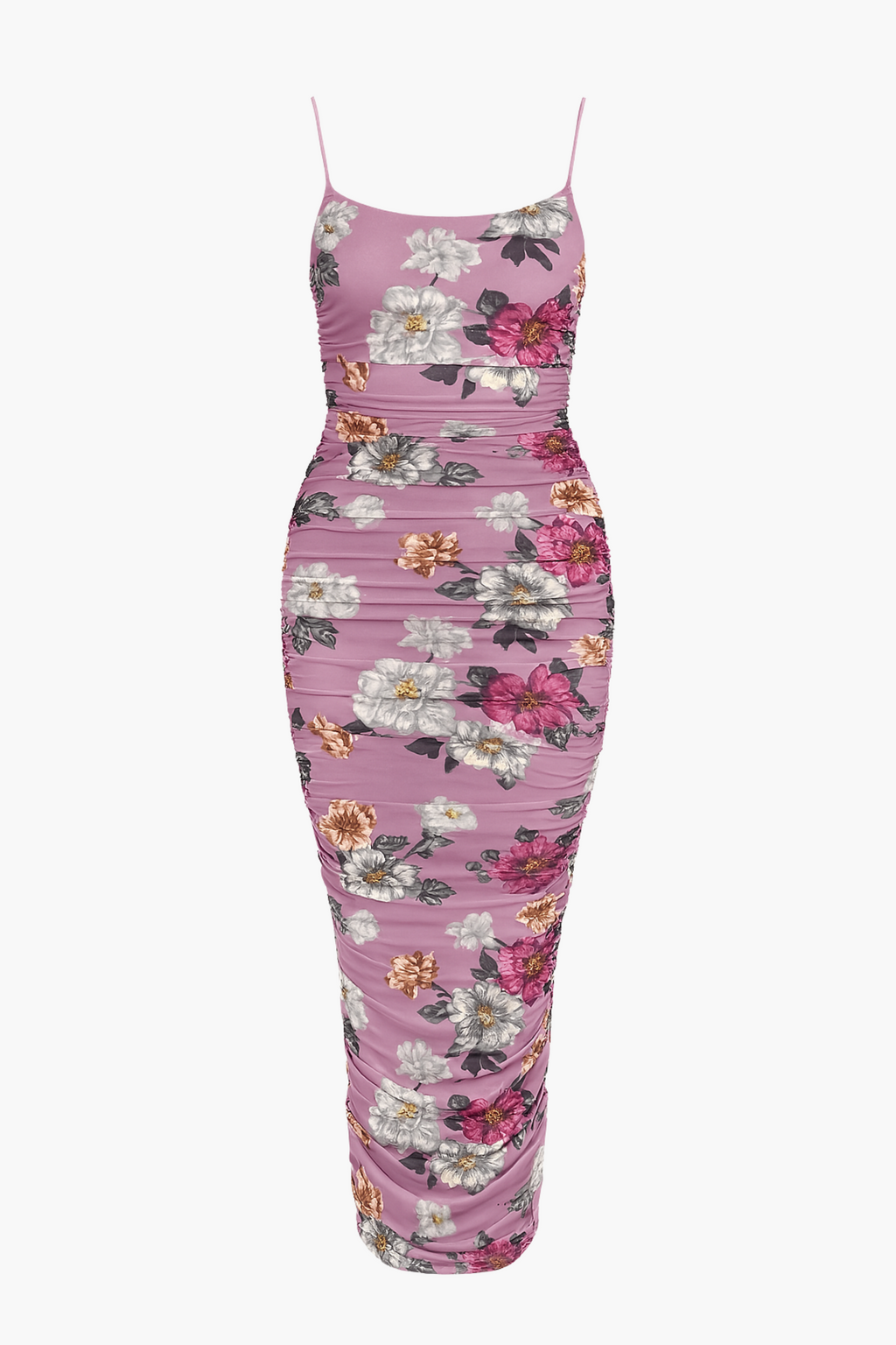 Isabel Ruched Mesh Floral Midi Dress – honey