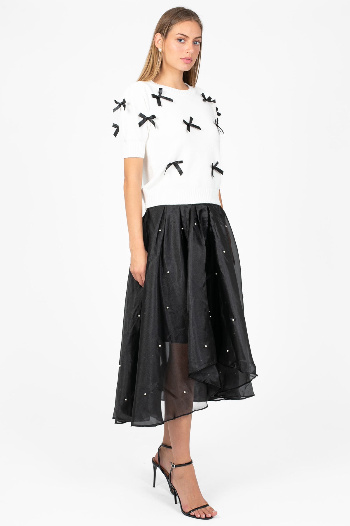 Darcy Pearl Embellished Organza Midi Skirt - honey