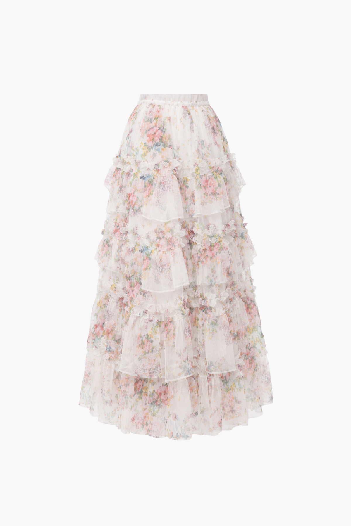 Astrea Floral Tulle Ruffle Midi Skirt - honey
