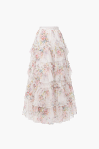 Astrea Floral Tulle Ruffle Midi Skirt - honey