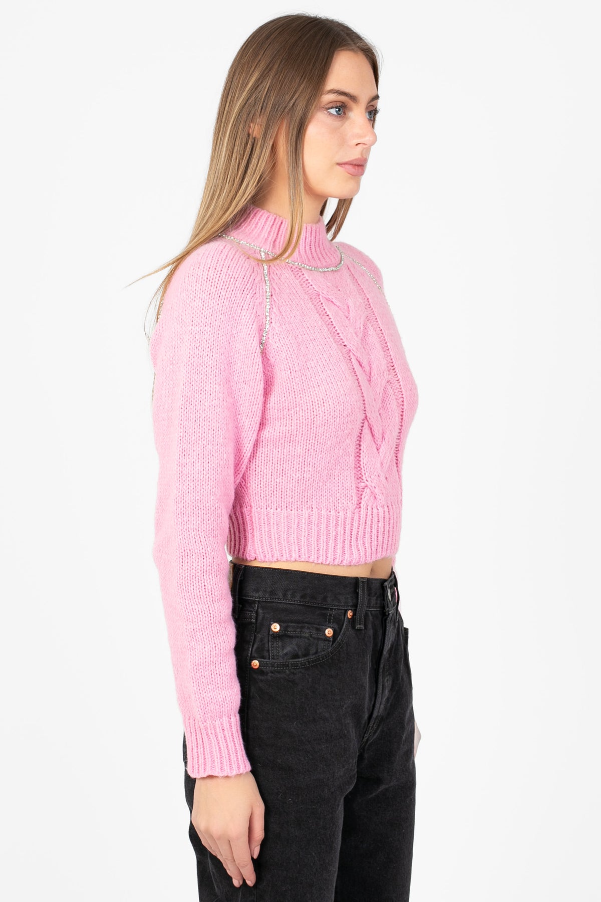 Liza Rhinestone Cable Knit Sweater - honey