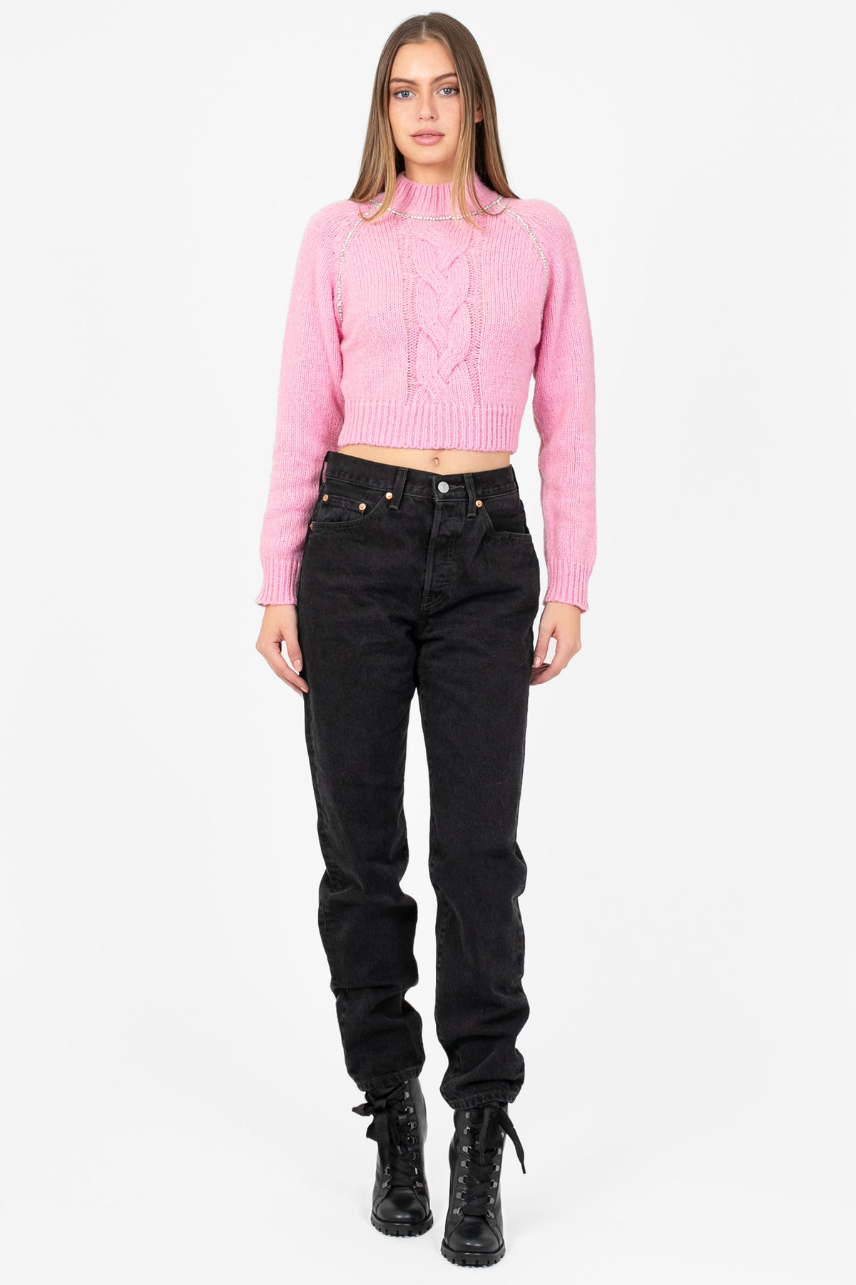 Liza Rhinestone Cable Knit Sweater - honey