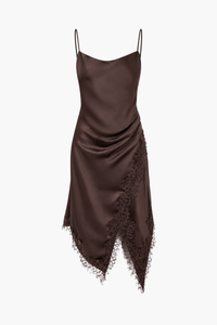 Marlena Satin Lace Trim Midi Dress - honey