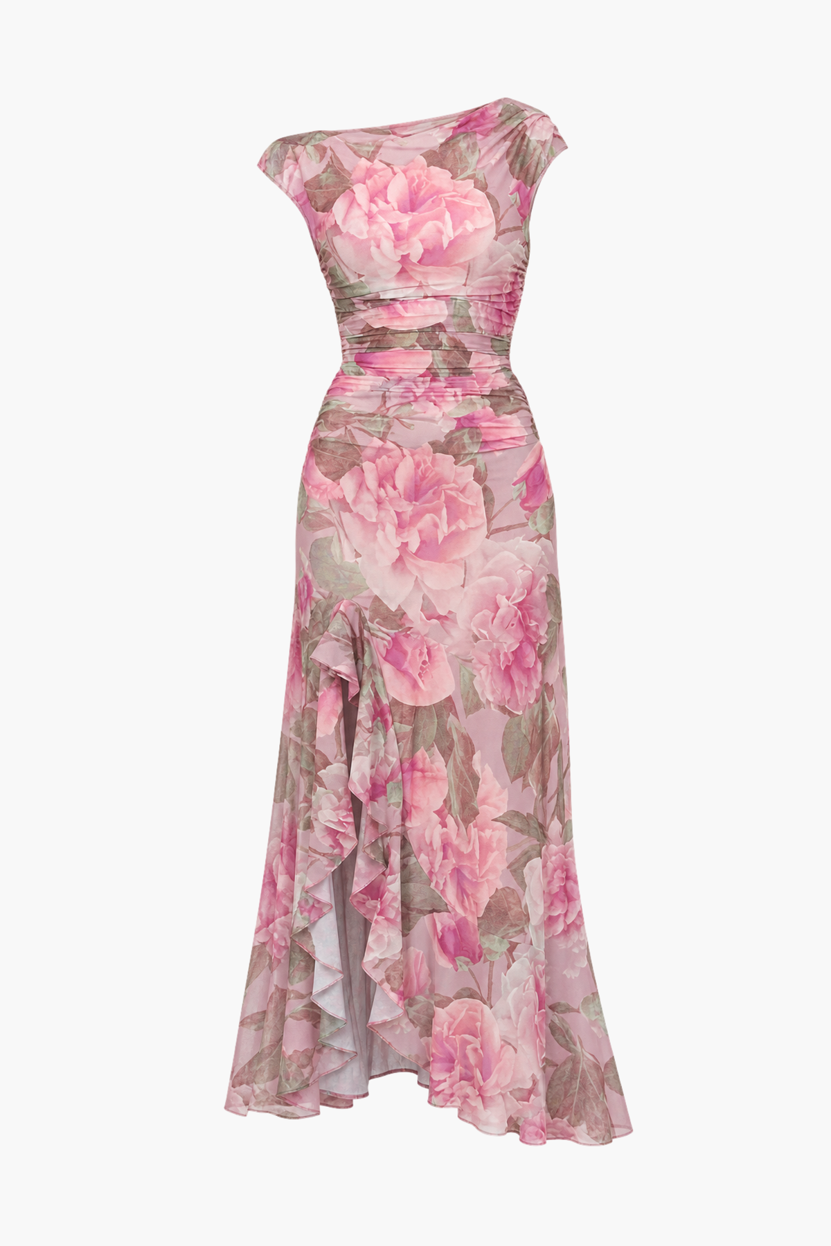 Natalia Floral Ruched Mesh Maxi Dress