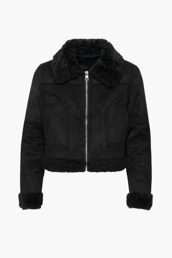 Noticeably Chic Sherpa Trim Suede Crop Jacket - honey