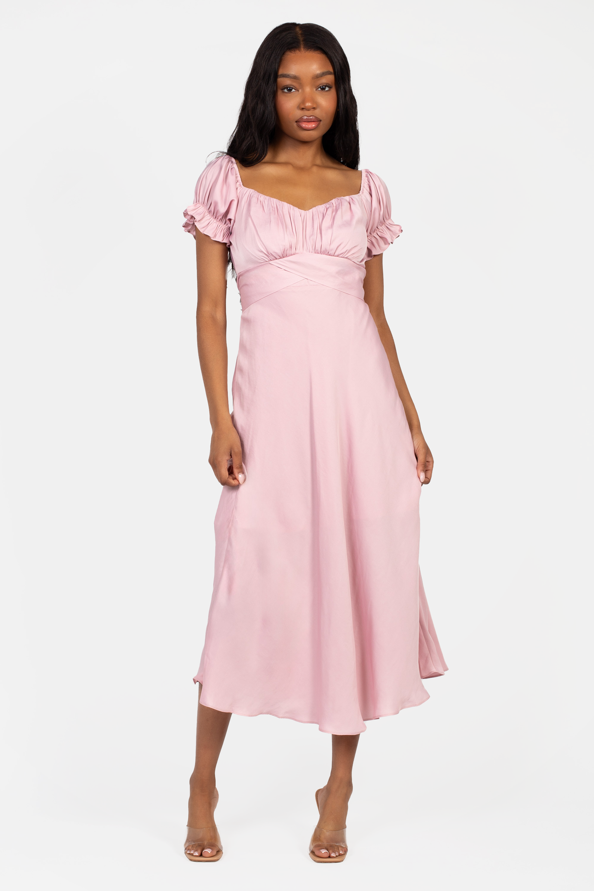 Cindy Satin Off-The-Shoulder Midi Dress – honey Cindy Satin Off-The-Shoulder Midi Dress – honey