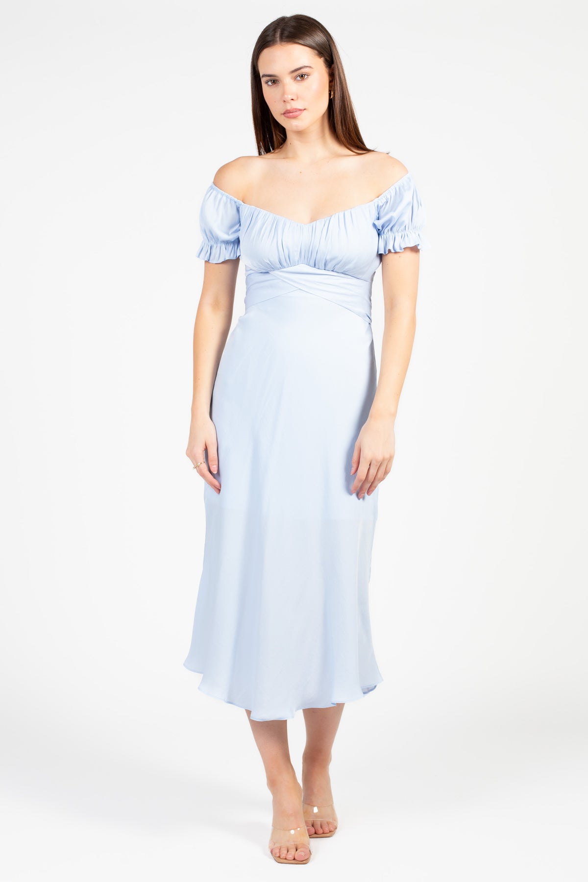 Cindy Satin Off-The-Shoulder Midi Dress honey Cindy Satin Off-The-Shoulder Midi Dress honey