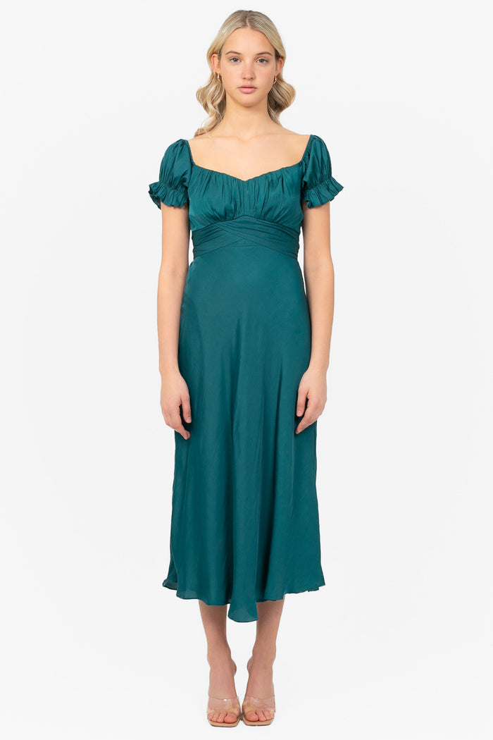 Cindy Satin Off-The-Shoulder Midi Dress