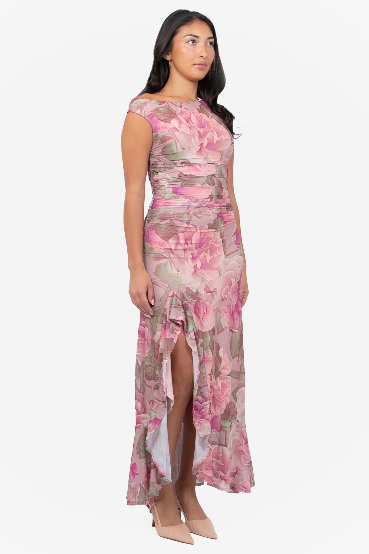 Natalia Floral Ruched Mesh Maxi Dress