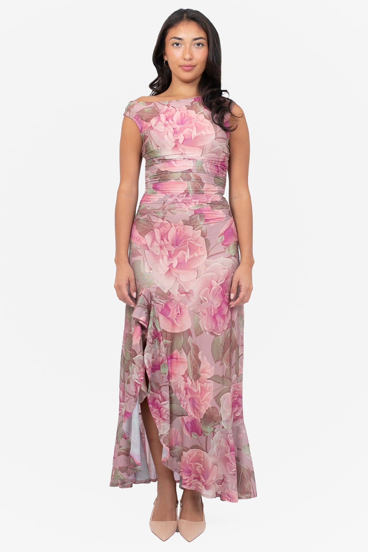 Natalia Floral Ruched Mesh Maxi Dress