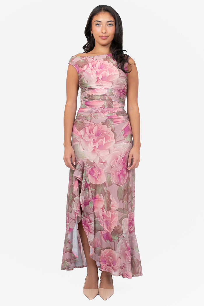 Natalia Floral Ruched Mesh Maxi Dress