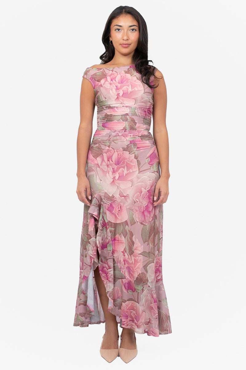 Natalia Floral Ruched Mesh Maxi Dress