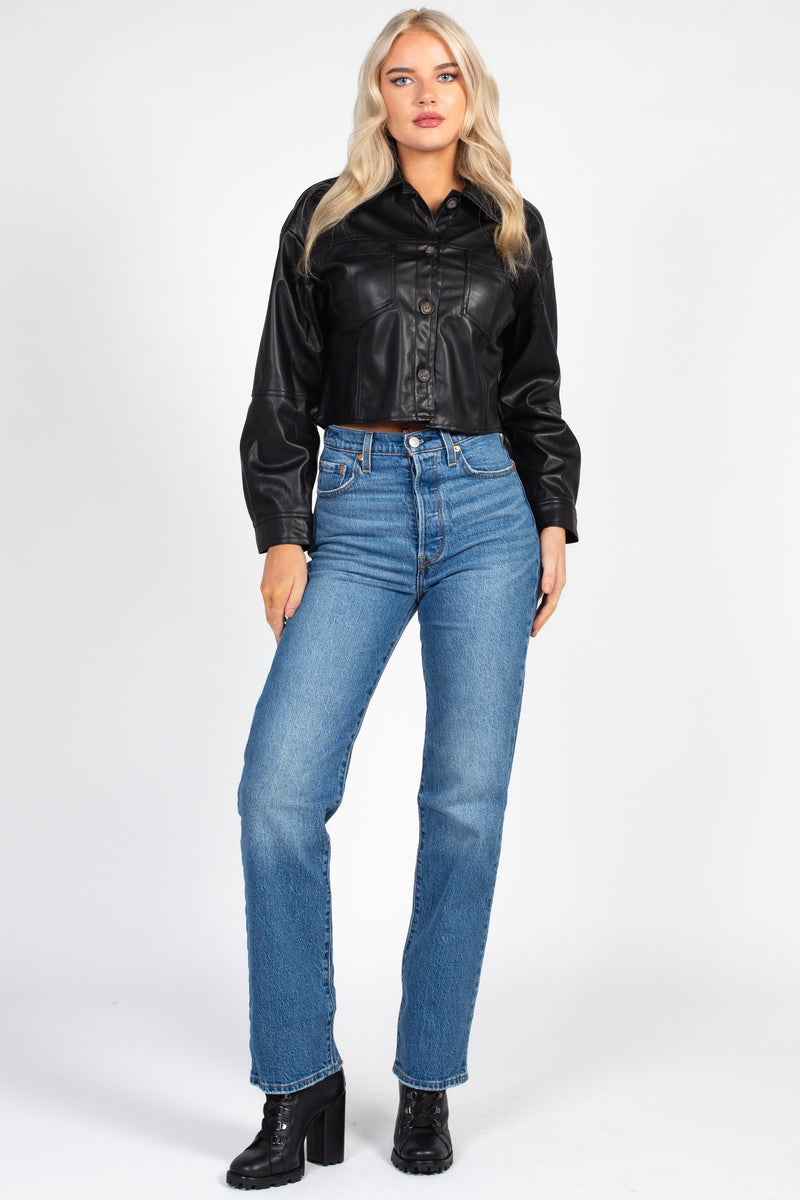 Avery Cropped Faux Leather Shacket