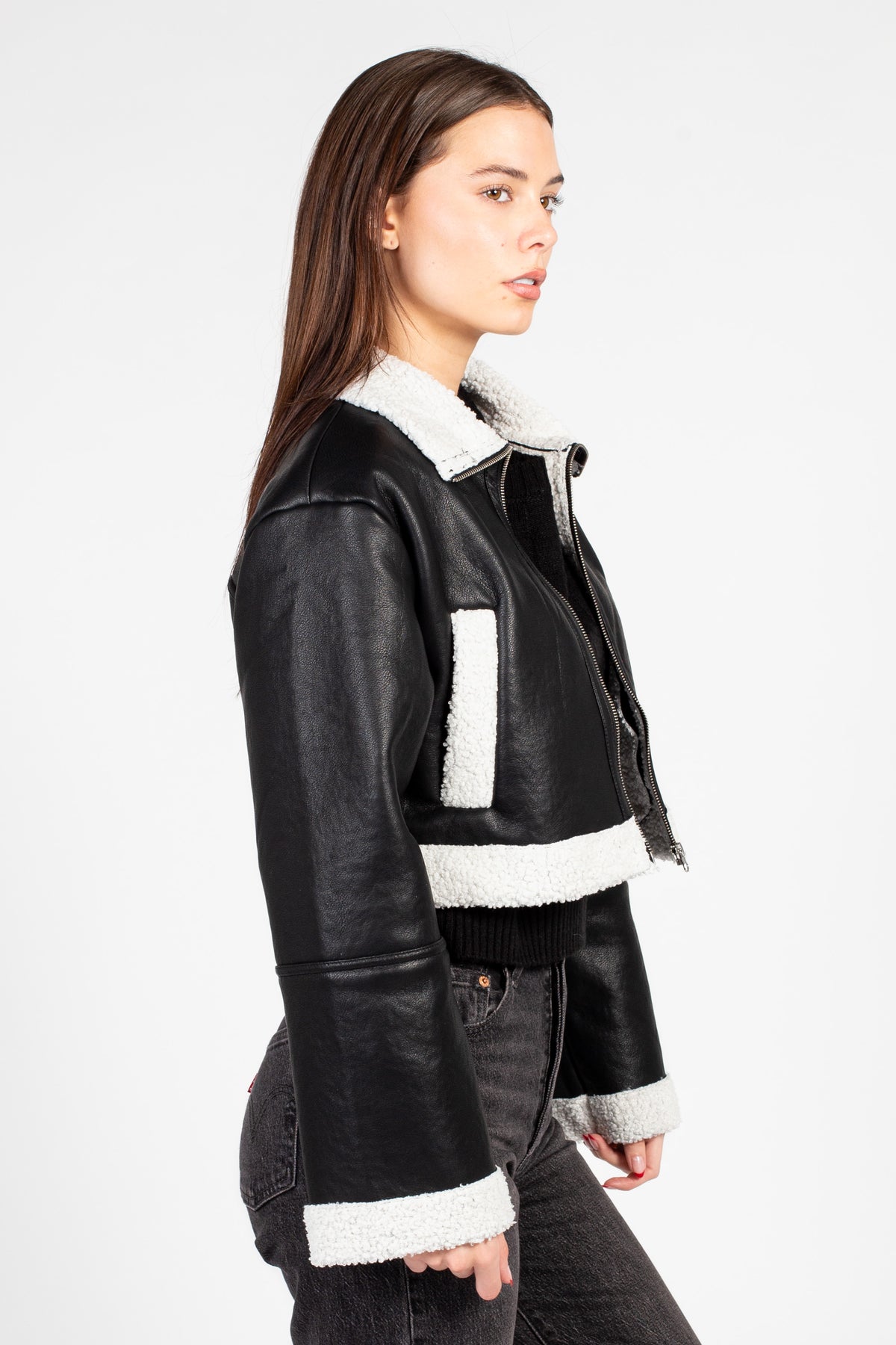 Peggi Sherpa Trim Vegan Leather Jacket