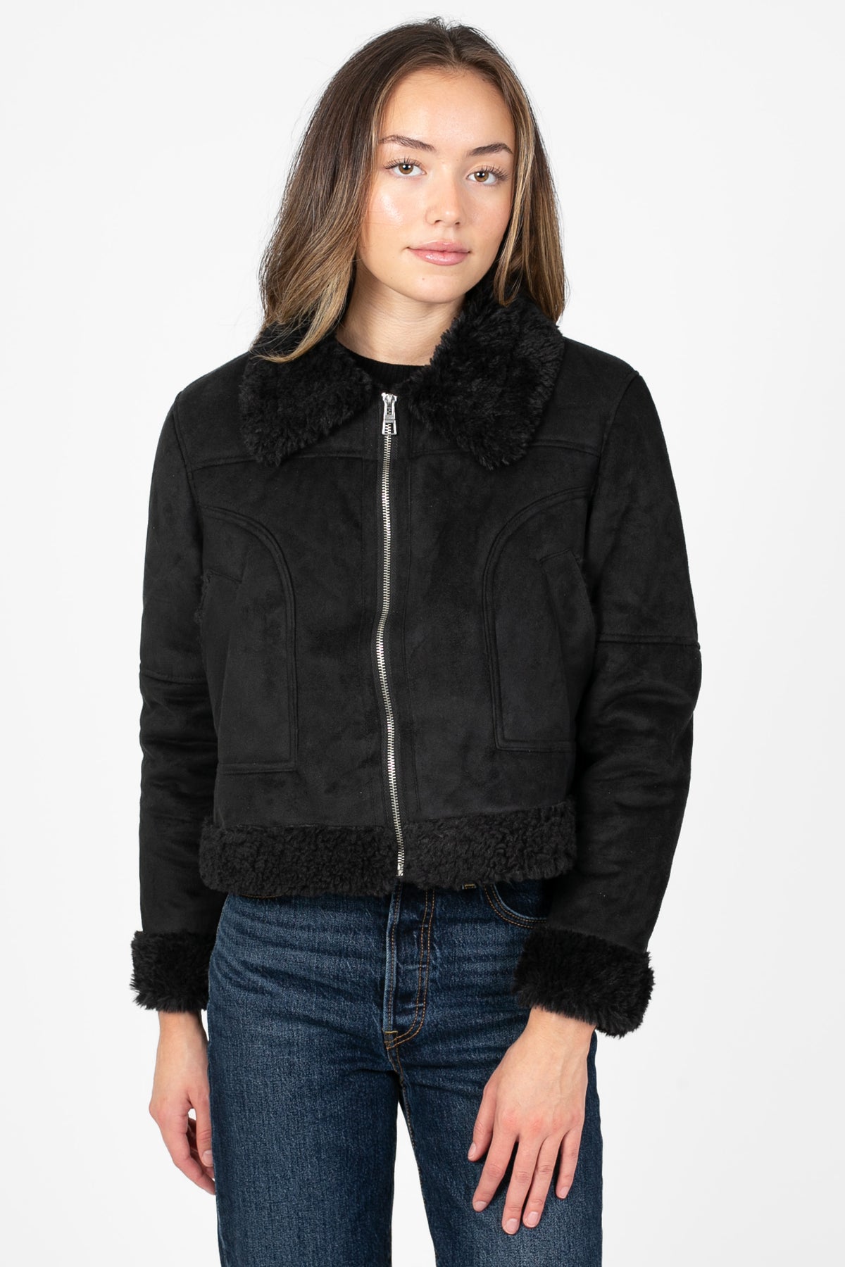 Noticeably Chic Sherpa Trim Suede Crop Jacket - honey