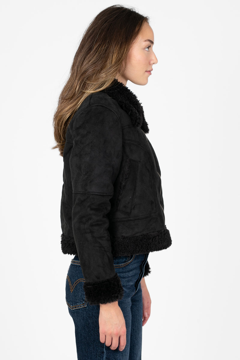 Noticeably Chic Sherpa Trim Suede Crop Jacket - honey