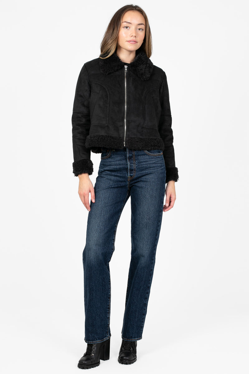 Noticeably Chic Sherpa Trim Suede Crop Jacket - honey