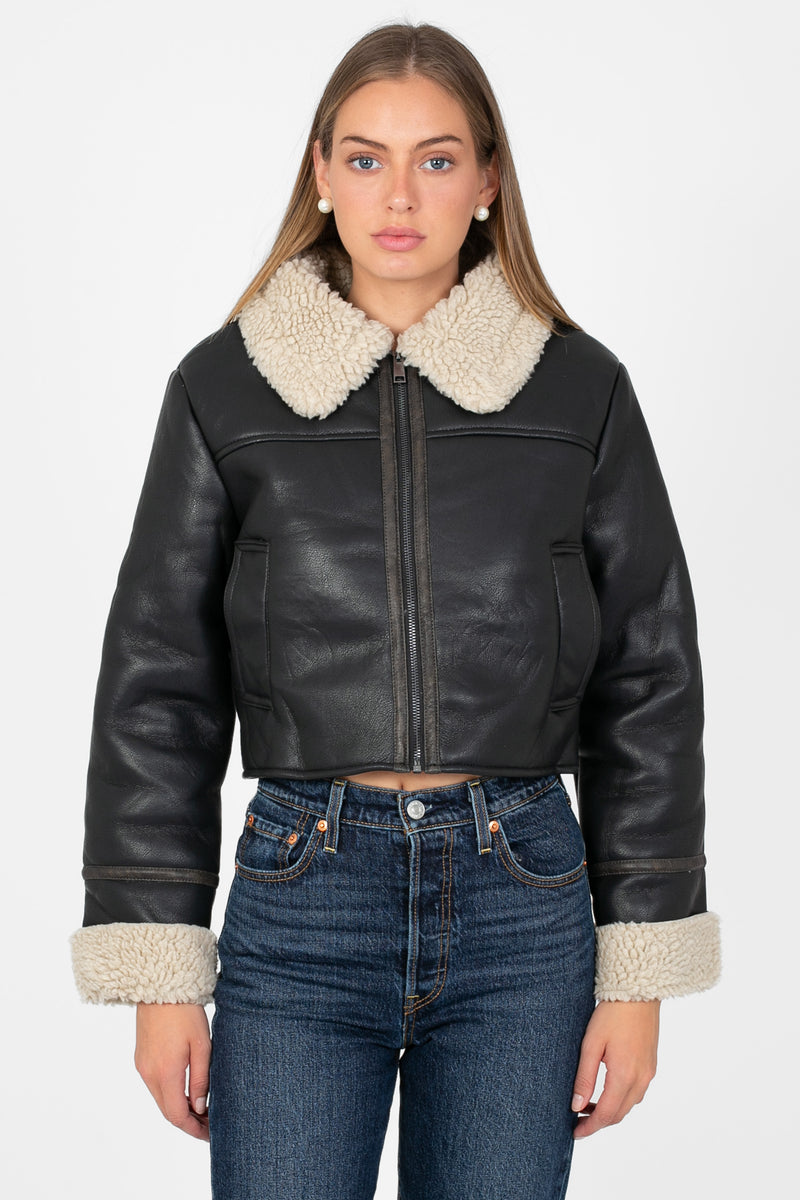 Ayla Sherpa Lined Leather Jacket - honey