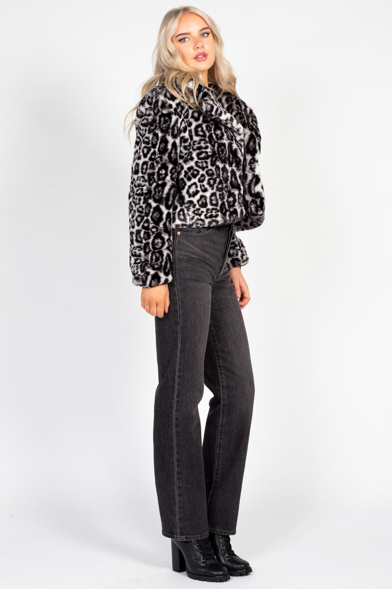 Caine Leopard Print Fur Cropped Jacket