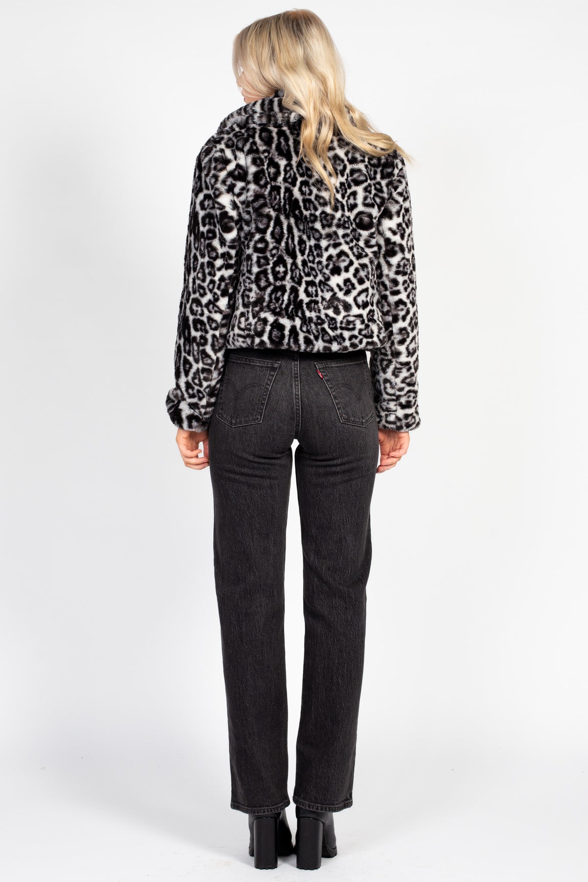 Caine Leopard Print Fur Cropped Jacket