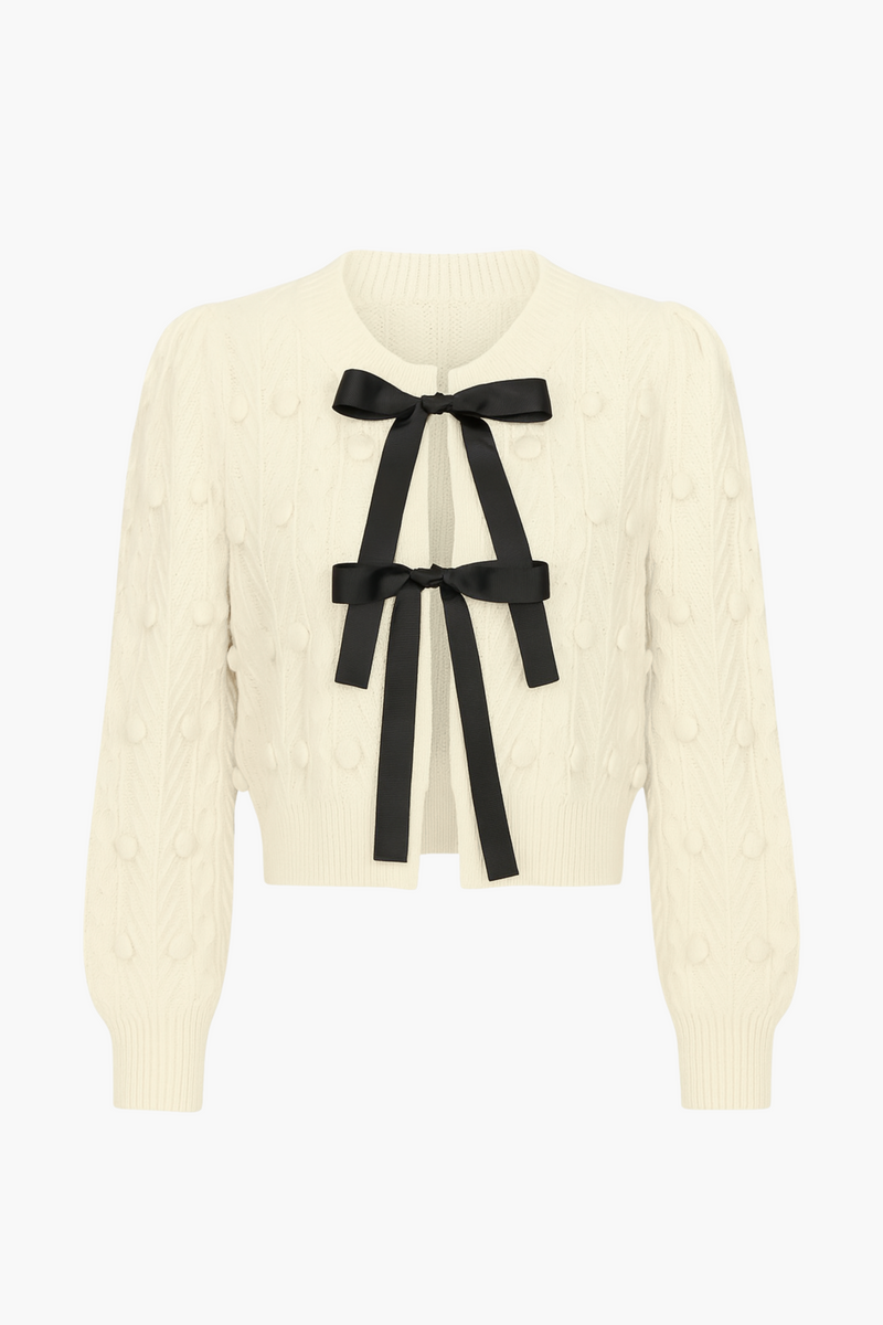 Annaliese Bow Front Knit Pom Pom Cardigan - honey