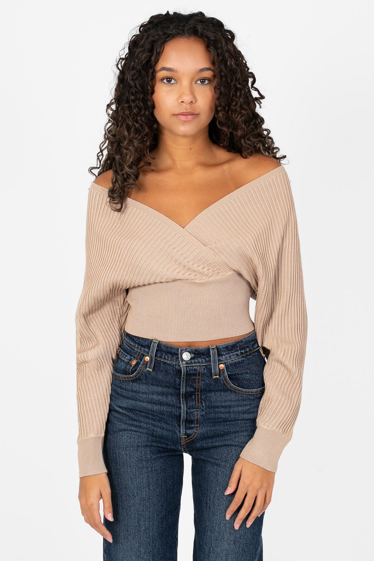 Elena Wrap Front Ribbed Sweater - honey