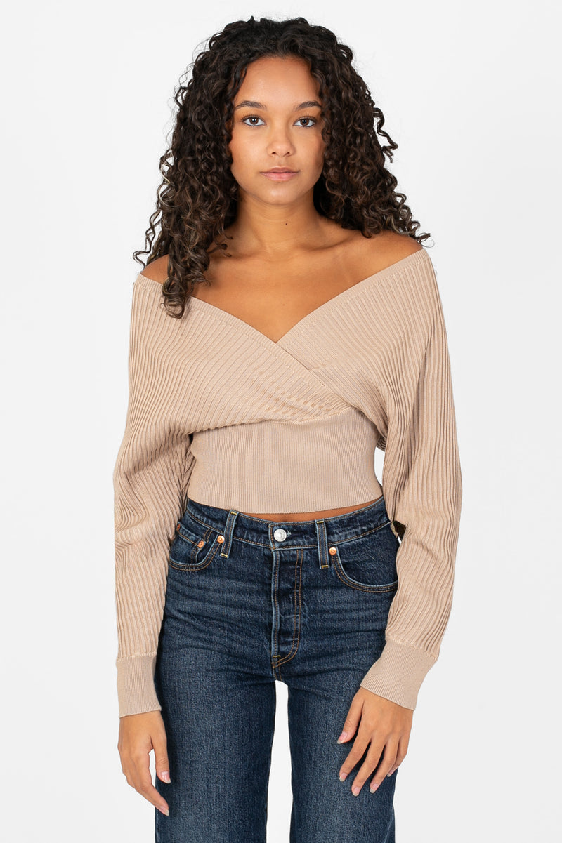 Elena Wrap Front Ribbed Sweater - honey