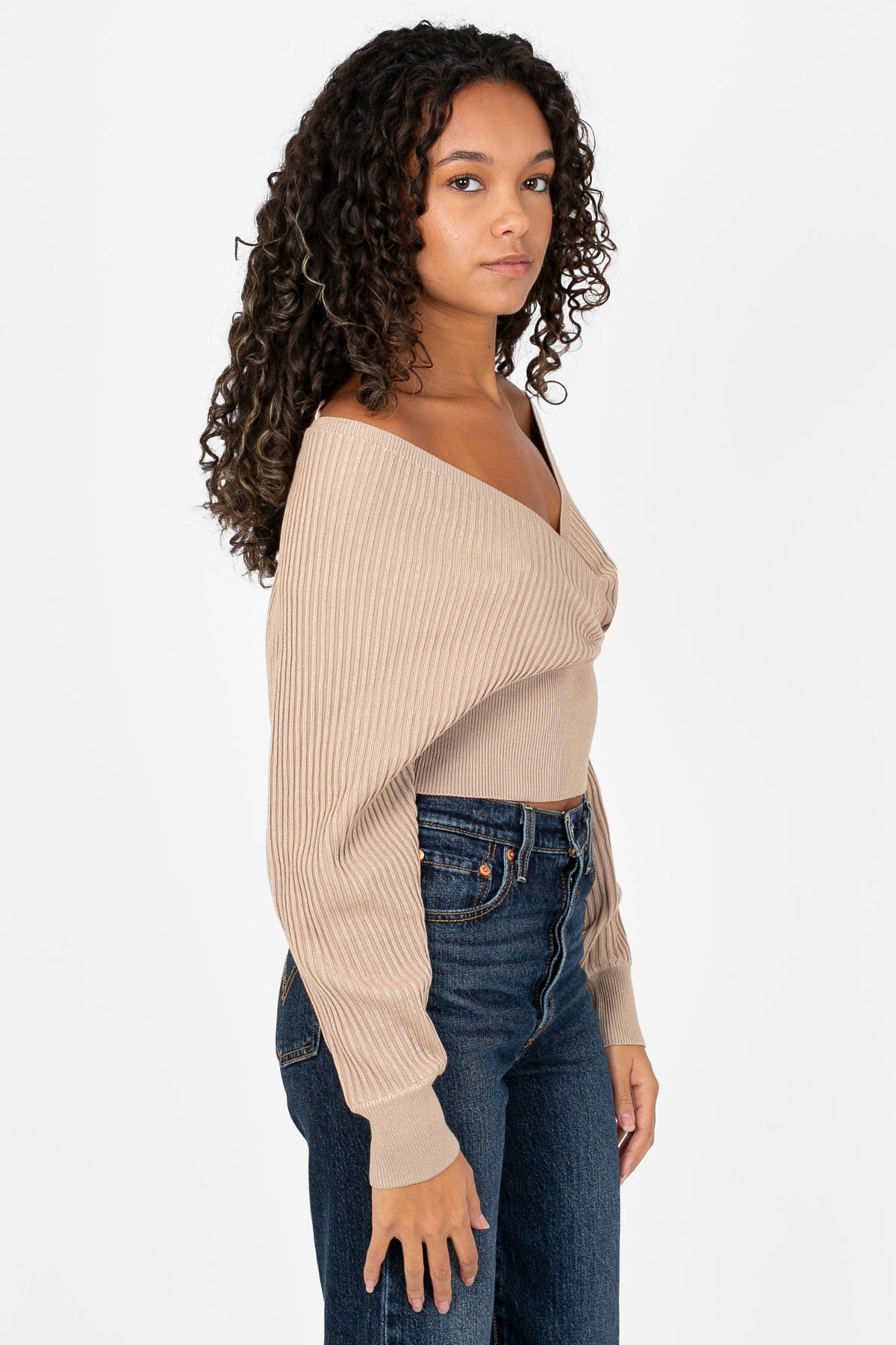 Elena Wrap Front Ribbed Sweater - honey