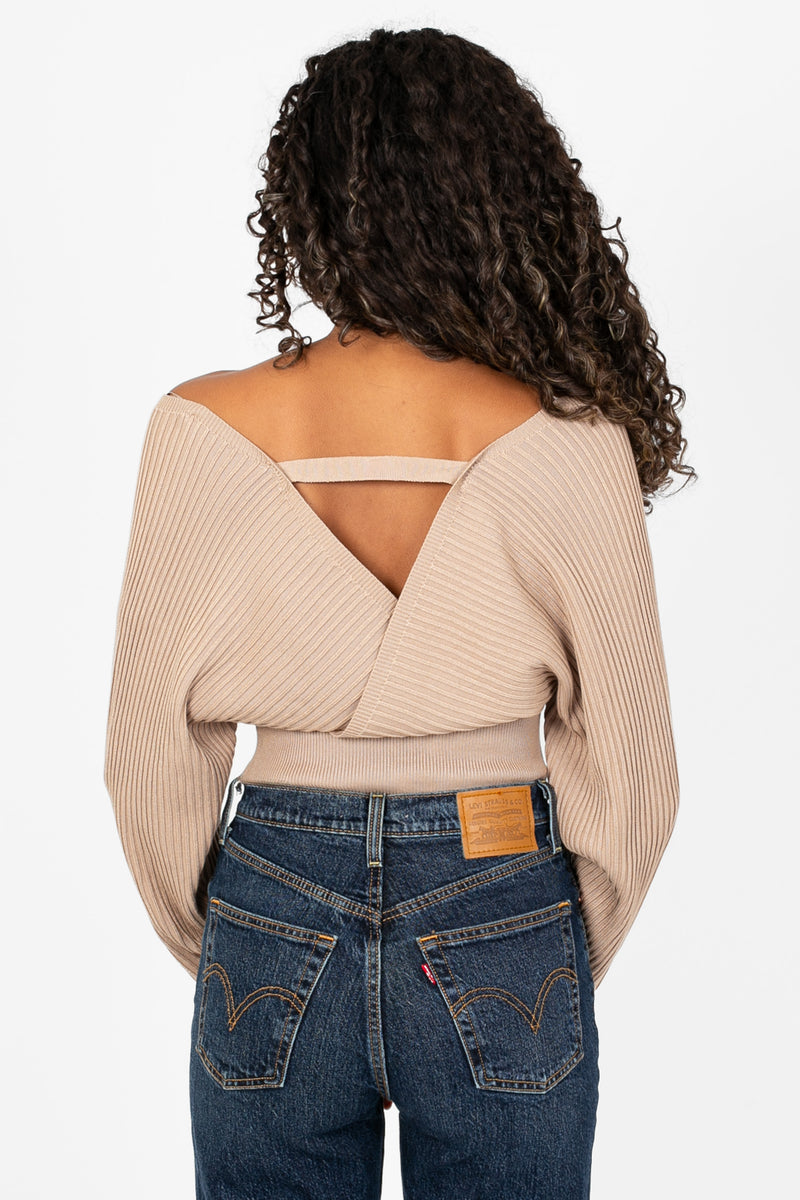 Elena Wrap Front Ribbed Sweater - honey