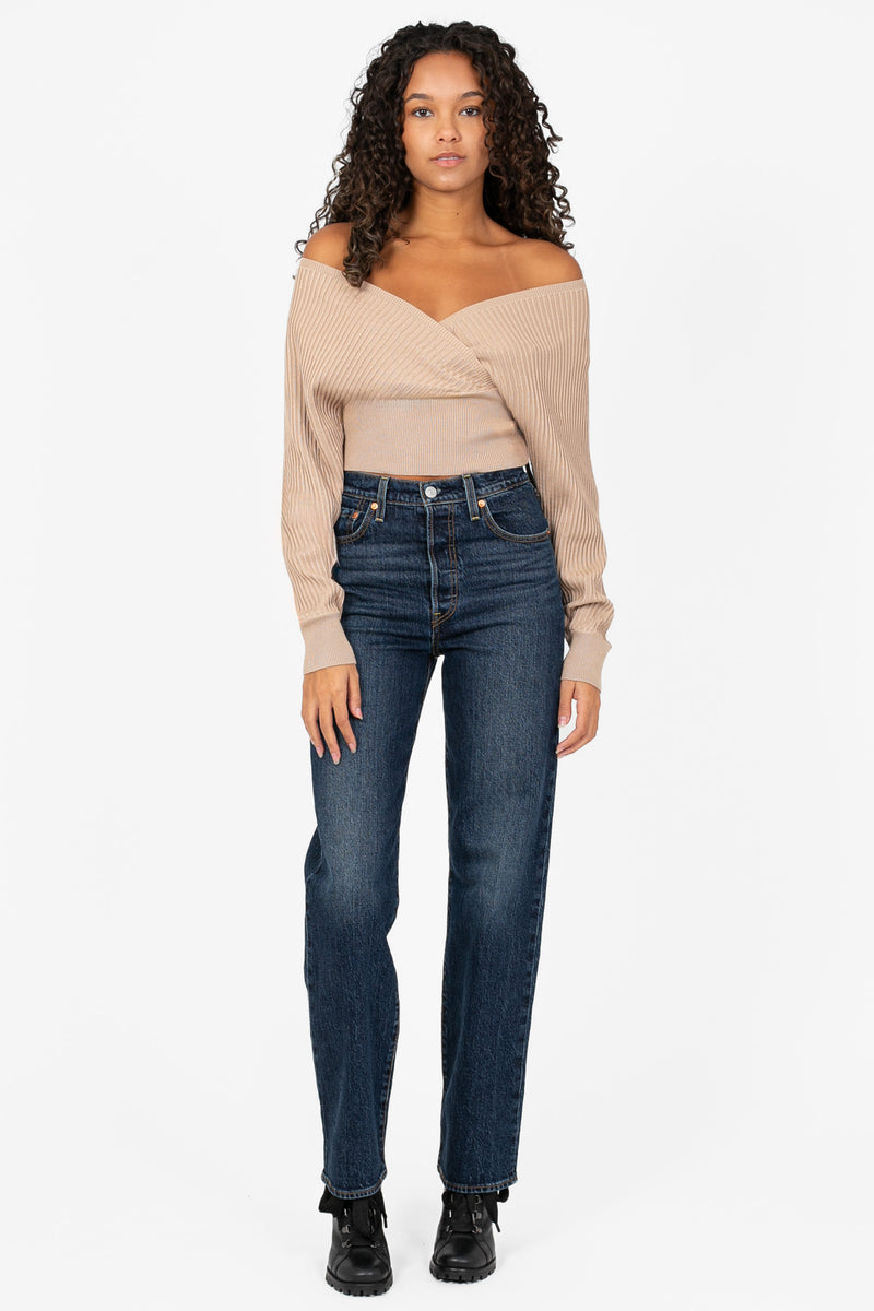 Elena Wrap Front Ribbed Sweater - honey