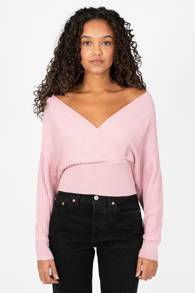 Elena Wrap Front Ribbed Sweater - honey