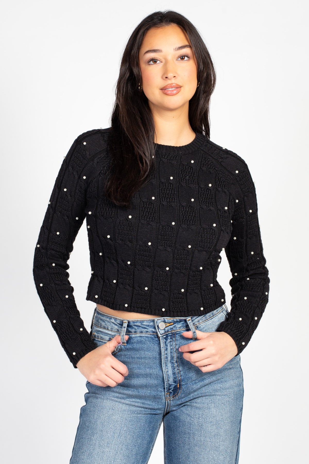 Luxe Pearl-Studded Black Knit Sweater