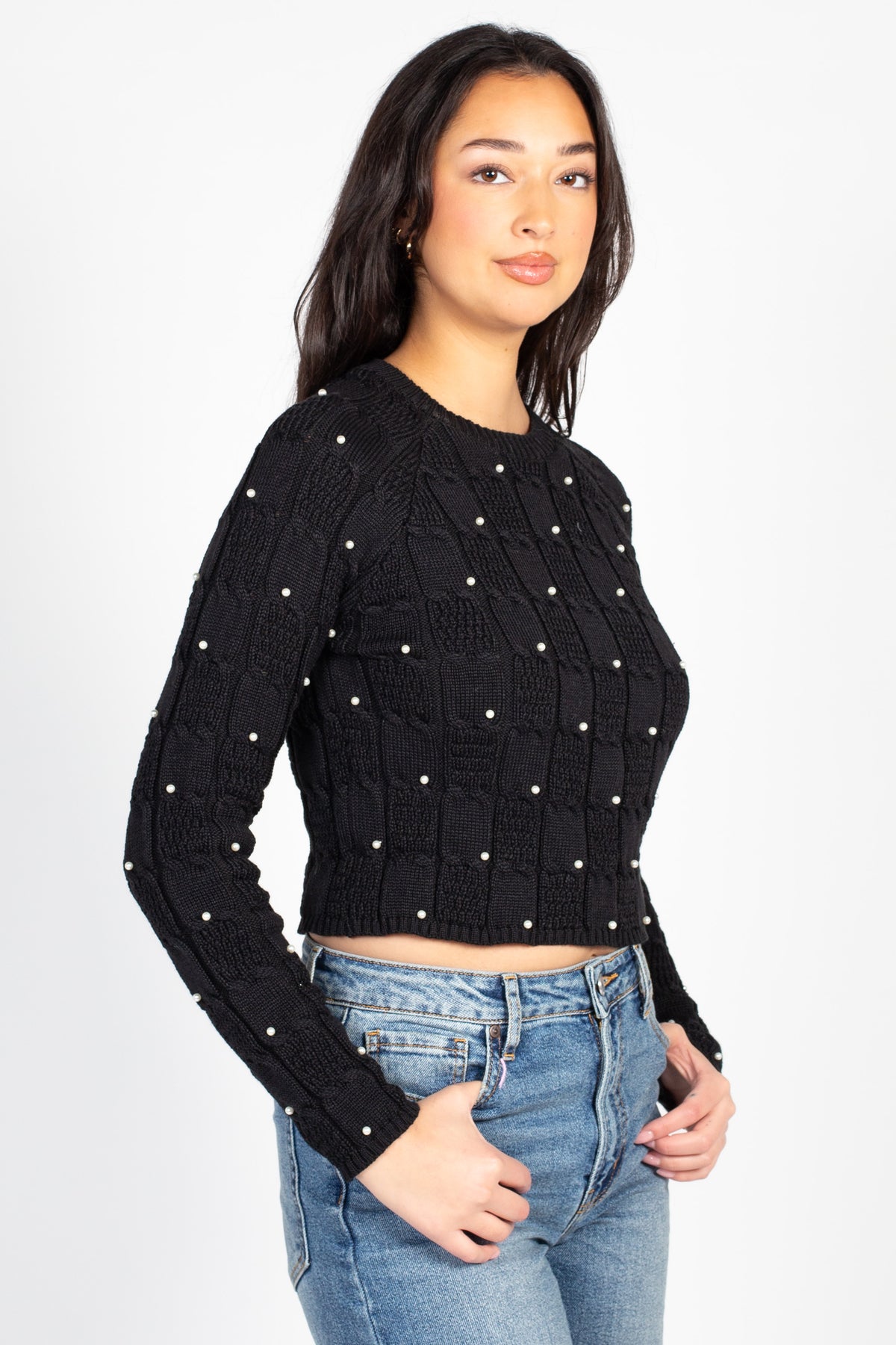 Luxe Pearl-Studded Black Knit Sweater