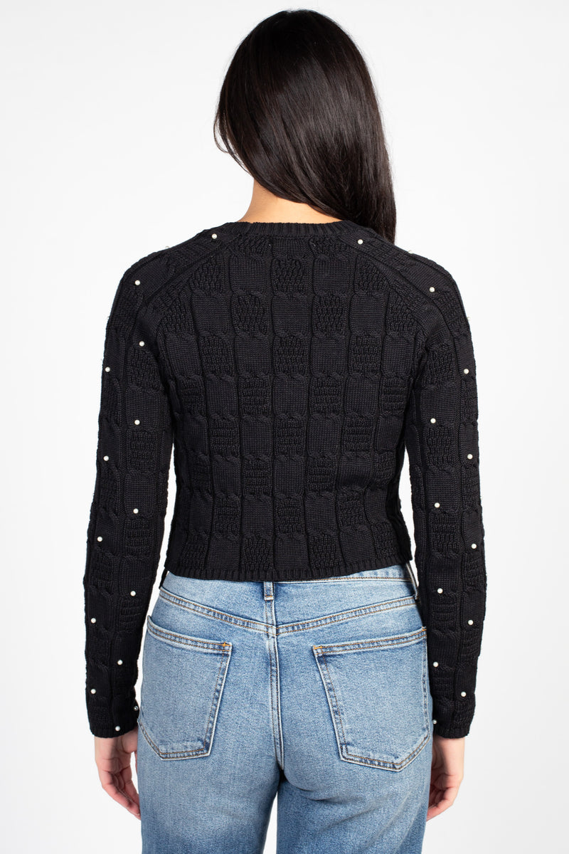 Luxe Pearl-Studded Black Knit Sweater