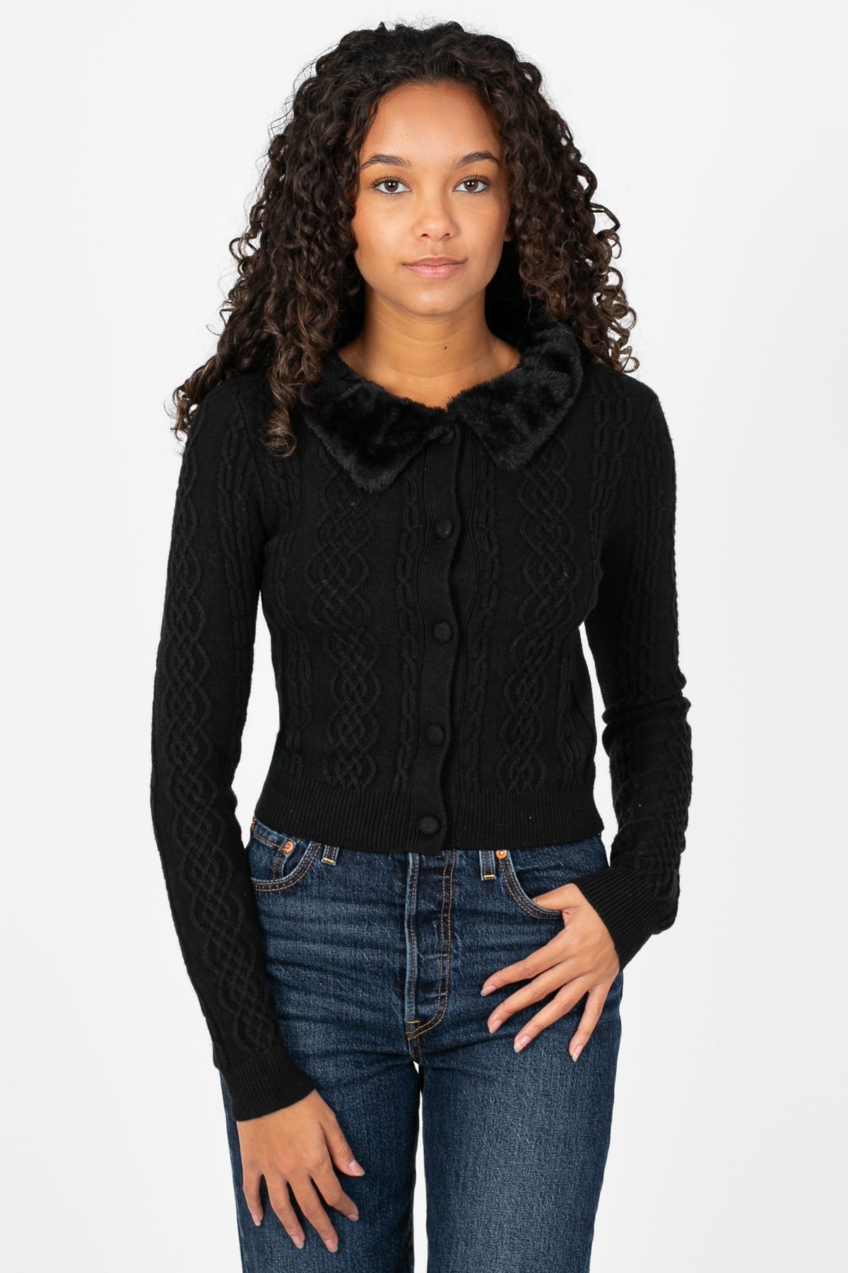 Becca Faux Fur Collared Cardigan - honey