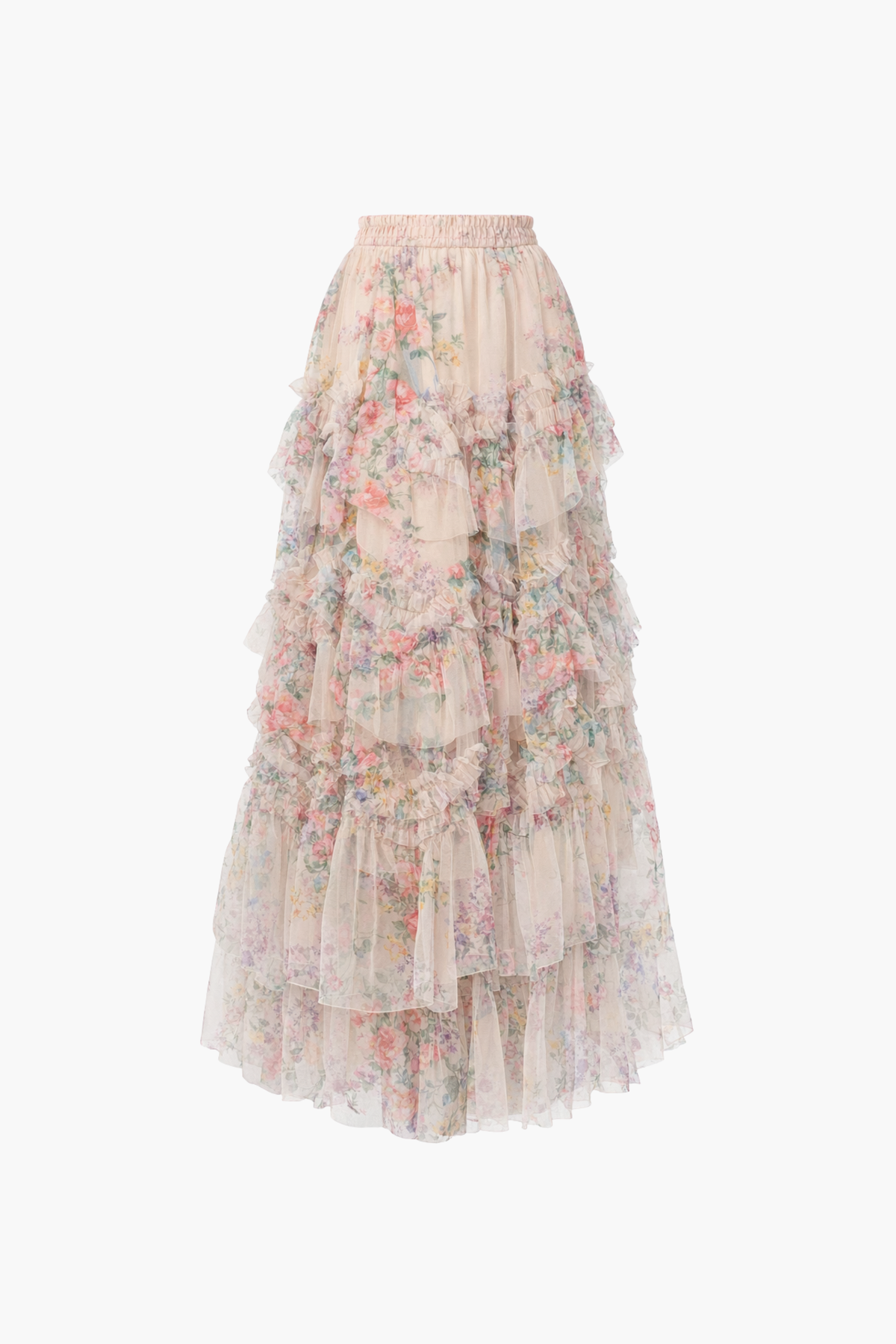 Astrea Floral Tulle Ruffle Midi Skirt - honey