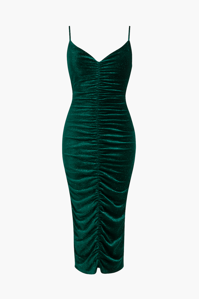 Starlett Ruched Velvet Shimmer Midi Dress - honey