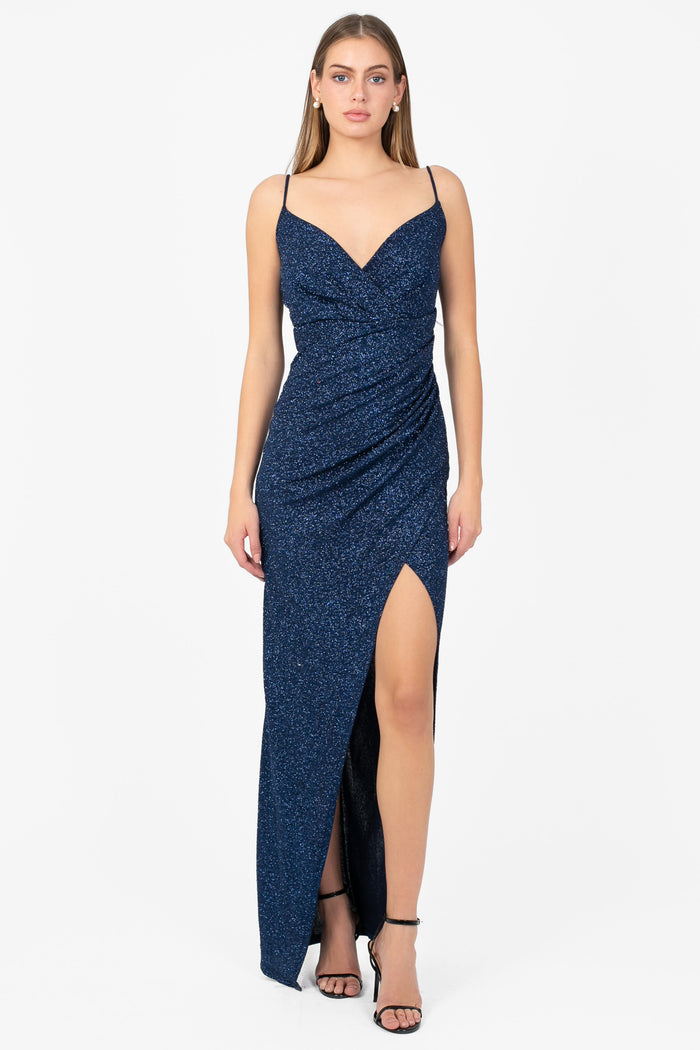 Bianca Side Ruched Shimmer Maxi Dress - honey
