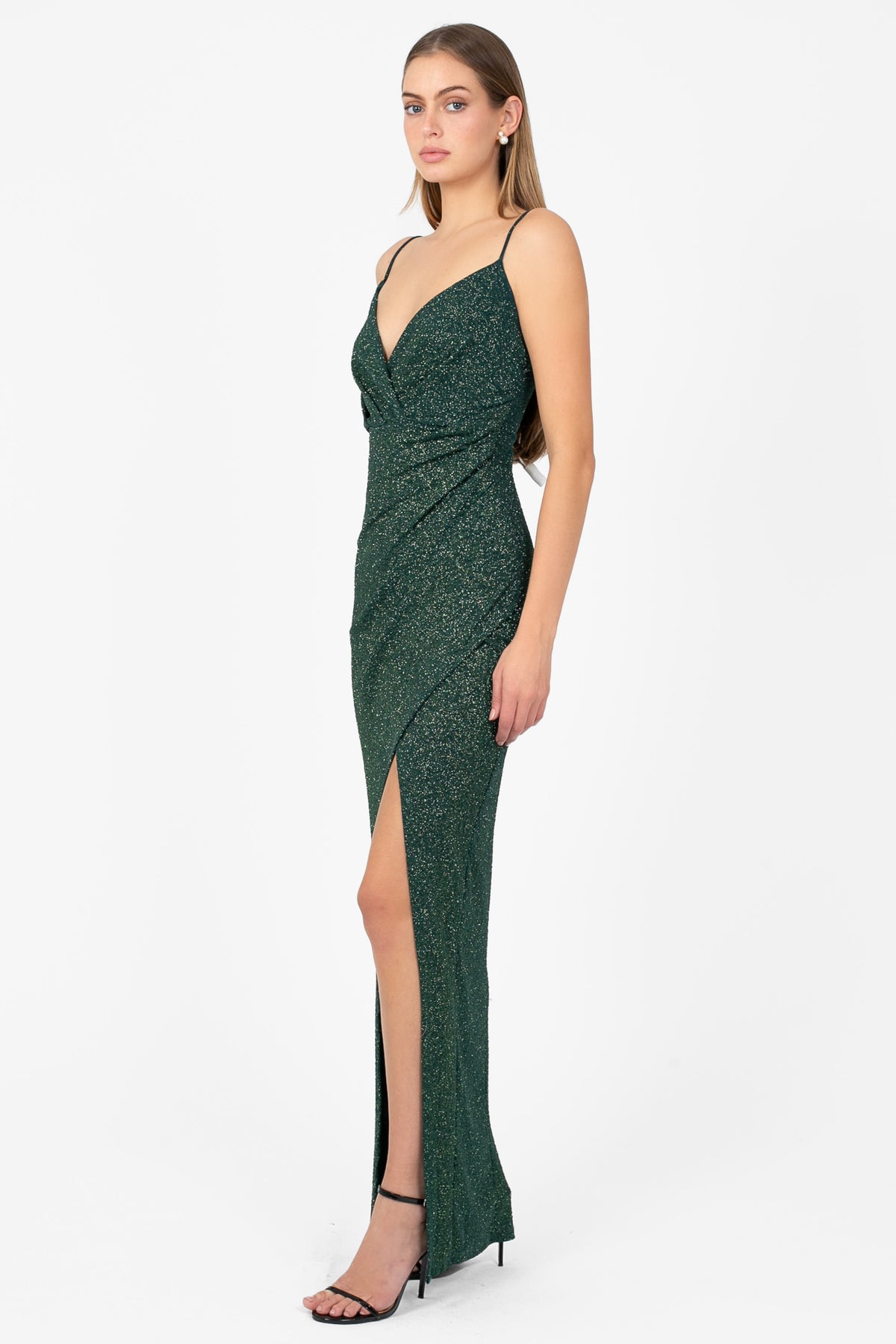 Bianca Side Ruched Shimmer Maxi Dress - honey