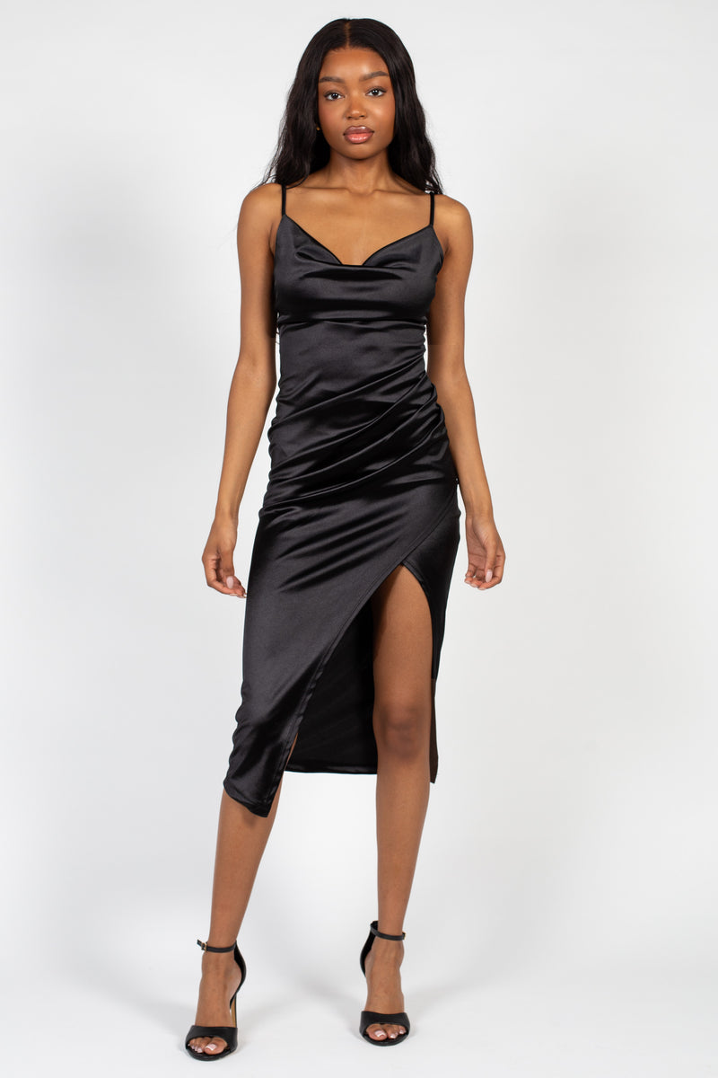 Amaya Side Slit Satin Midi Dress – honey - Main Image