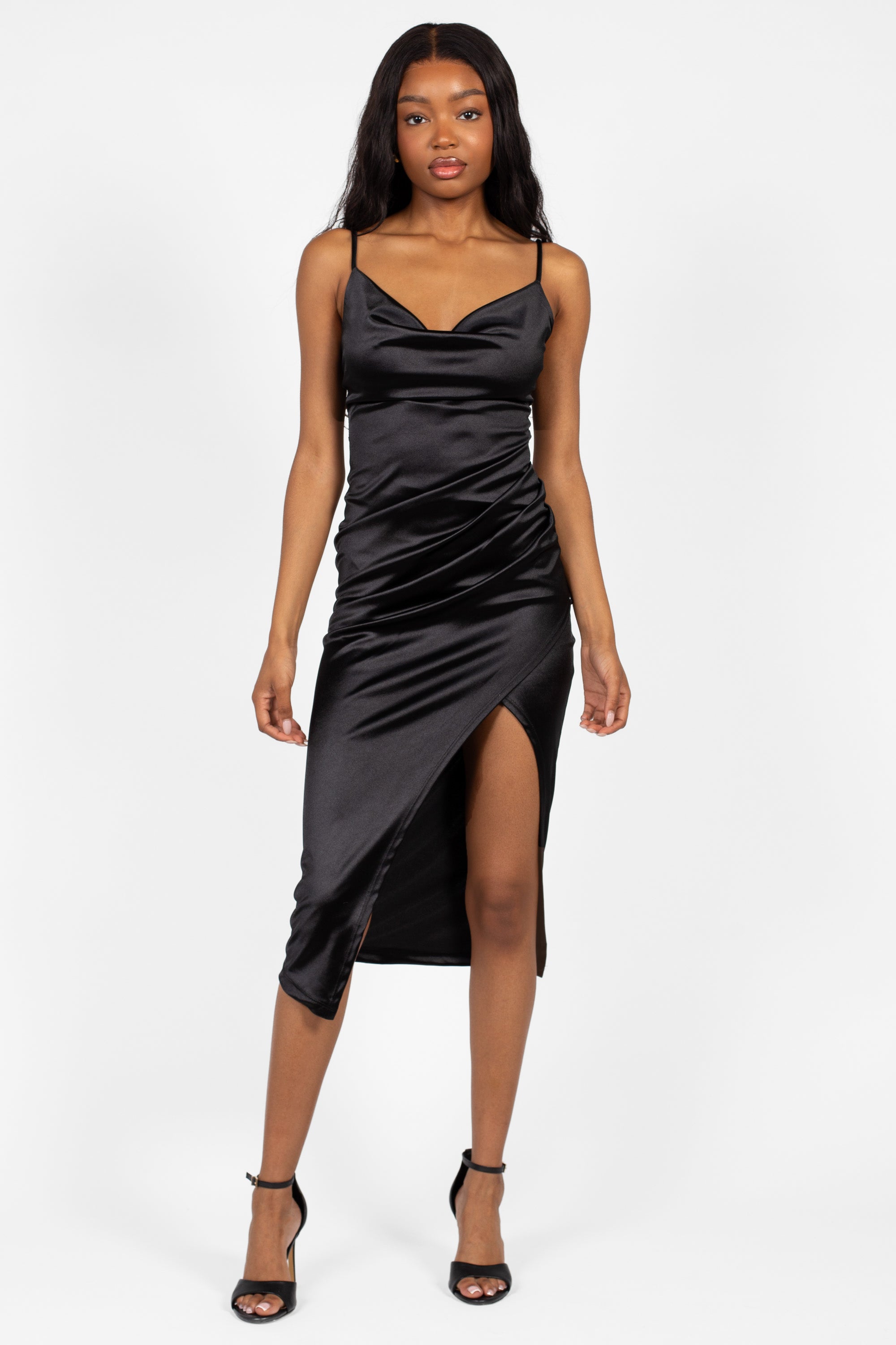 Amaya Side Slit Satin Midi Dress – honey