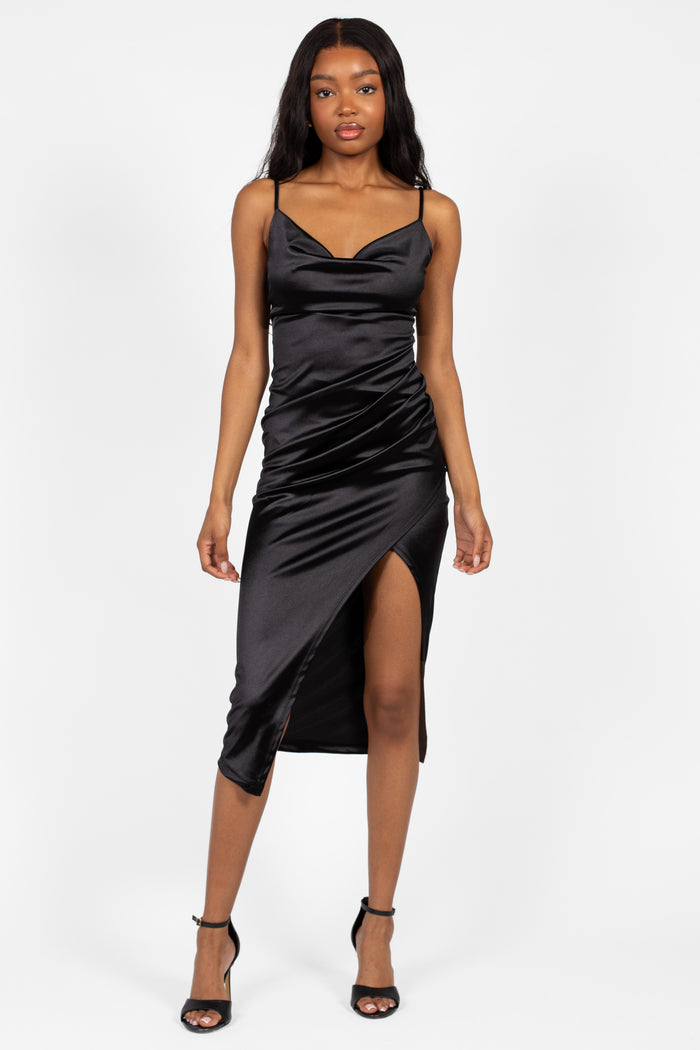 Amaya Side Slit Satin Midi Dress - honey
