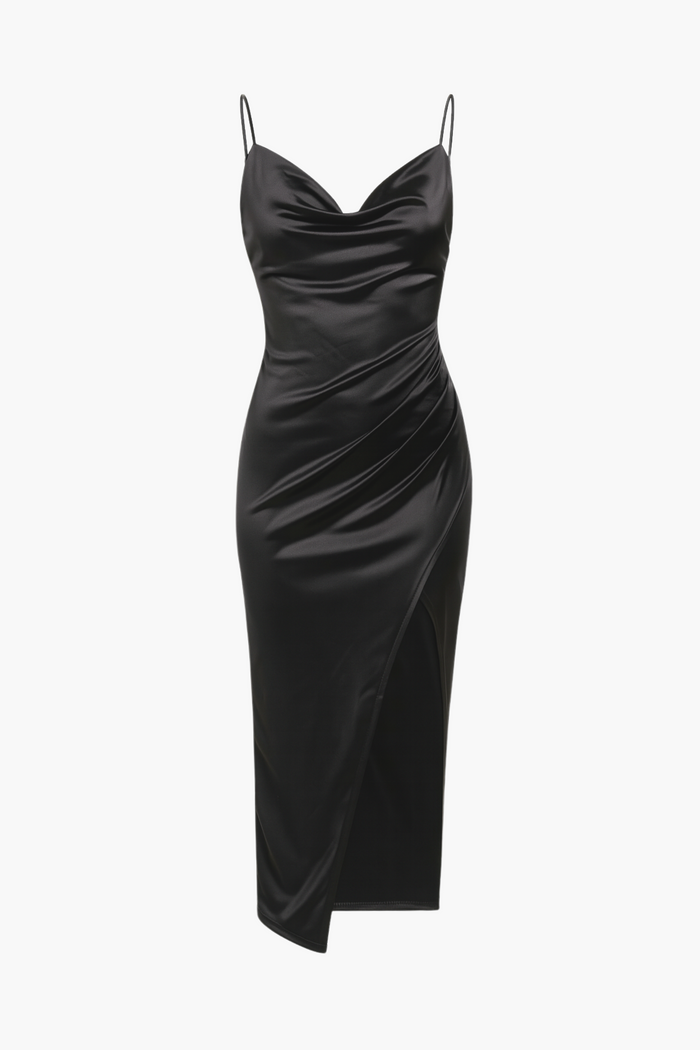 Amaya Side Slit Satin Midi Dress - honey