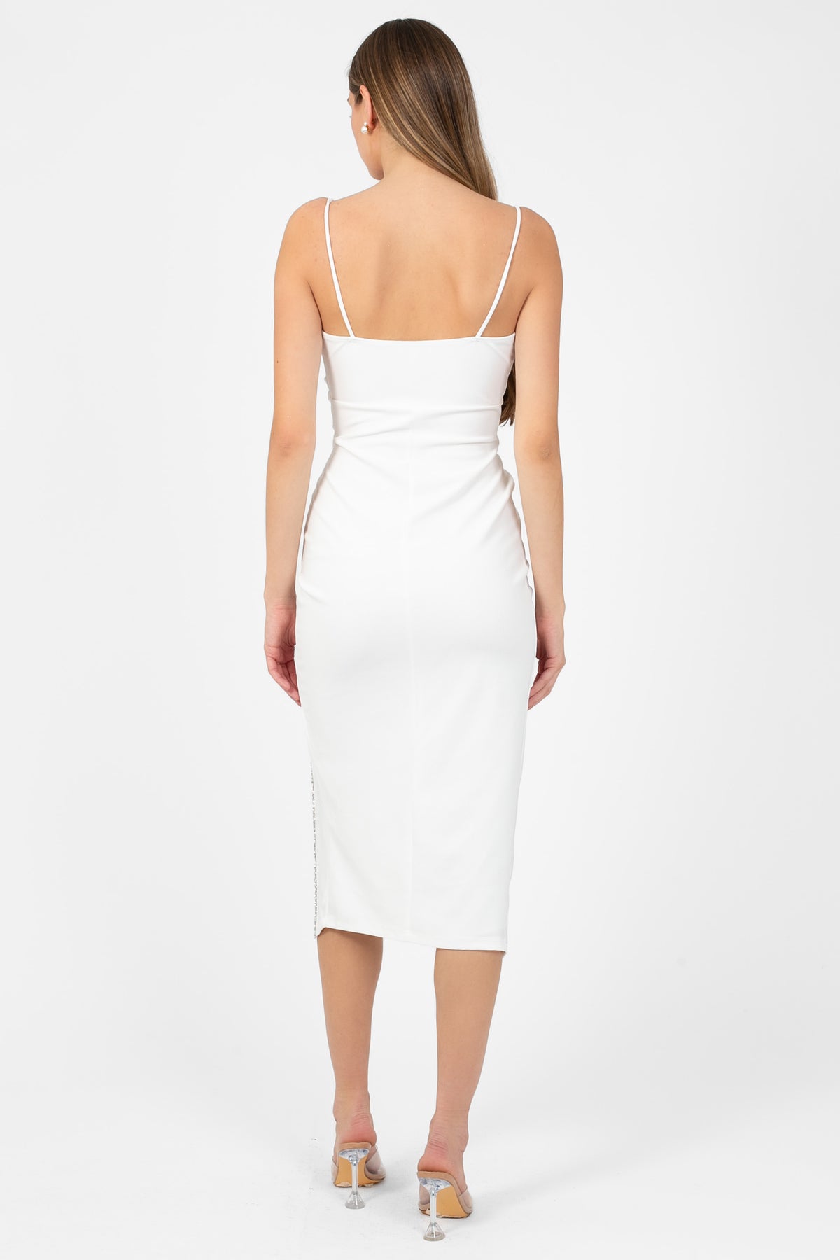 Venetia Rhinestone Trim Slit Midi Dress - honey