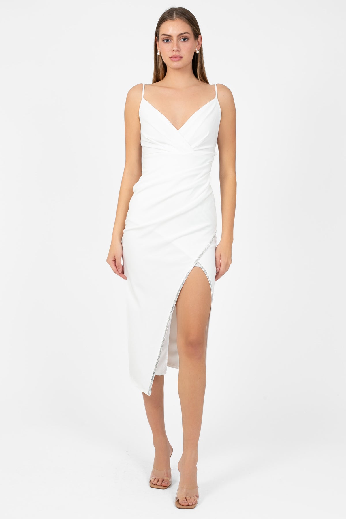 Venetia Rhinestone Trim Slit Midi Dress - honey