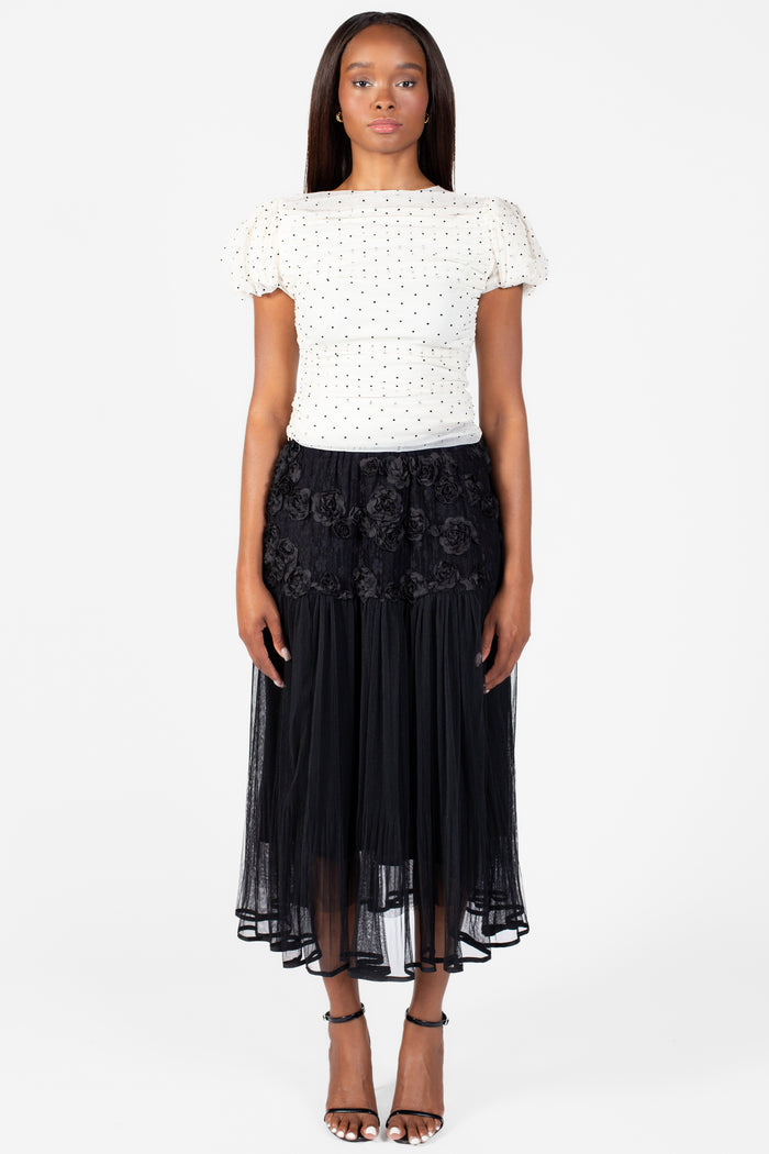 Arlo Floral Embellished Tulle Midi Skirt - honey